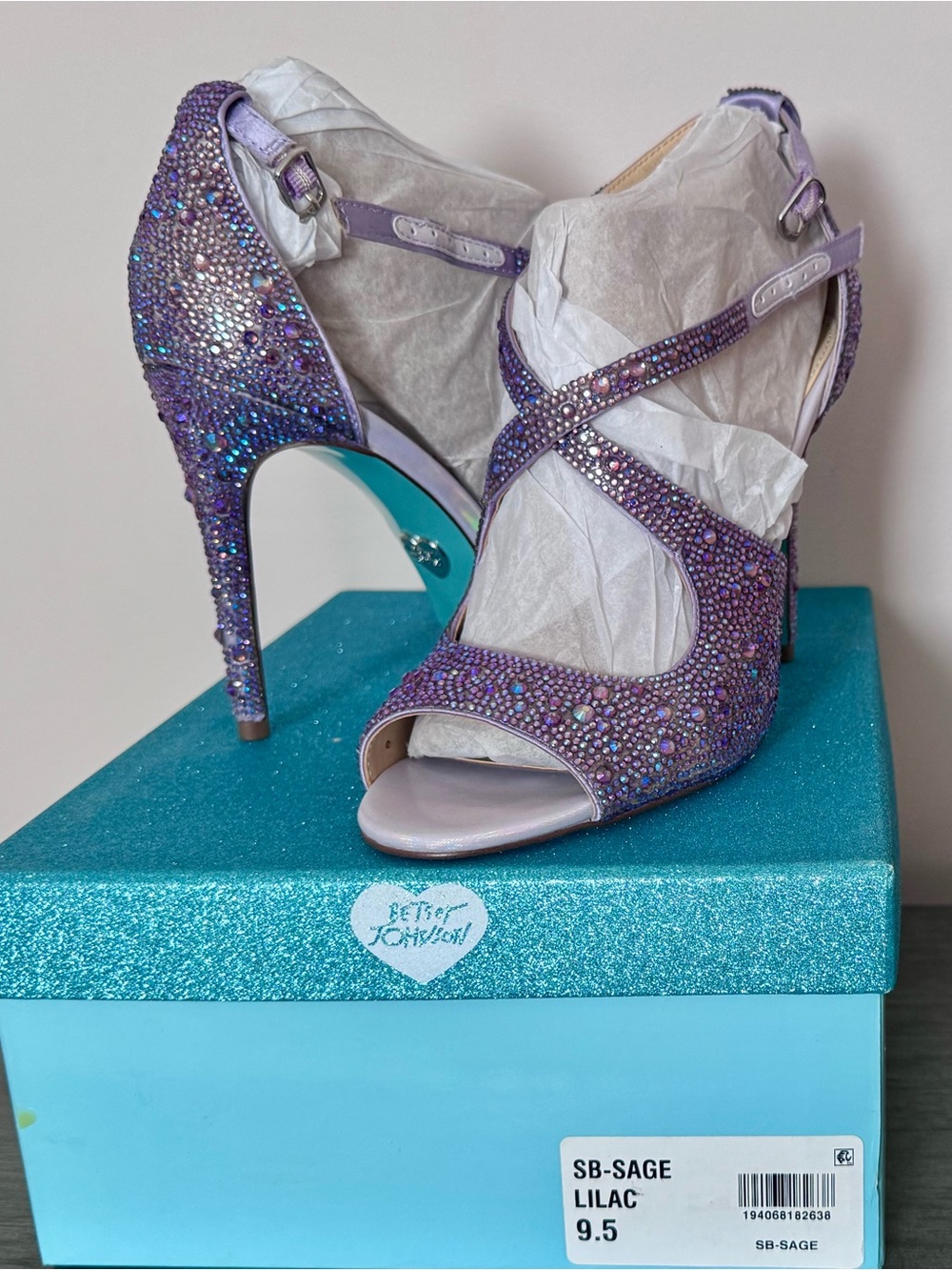 NIB Betsey Johnson Lilac Crystal Strappy Peep-Toe Heels